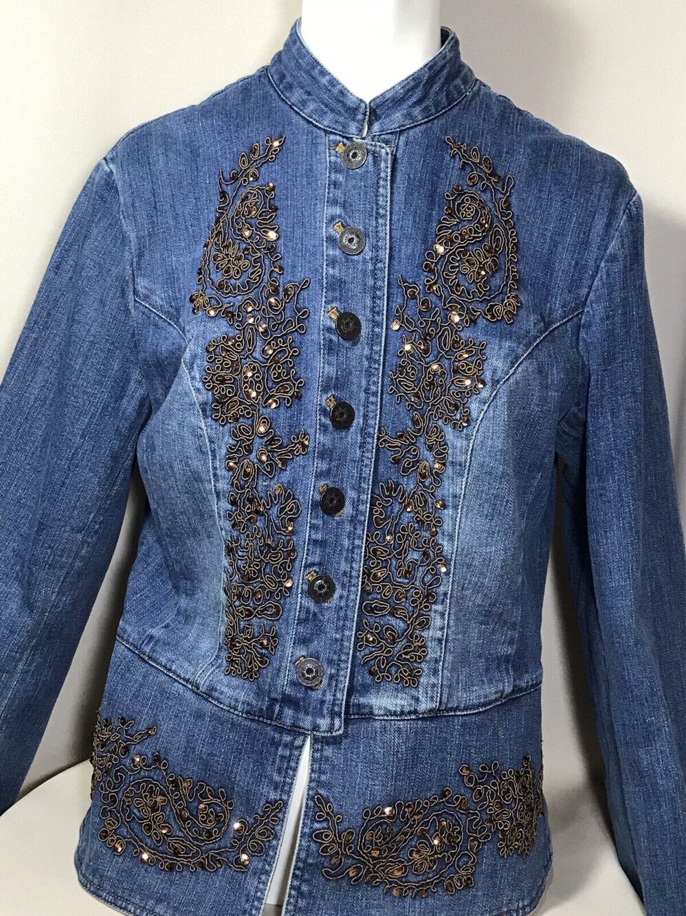 Coldwater Creek Women's Denim Jacket Size S Embellished Sequins Embroidery Brown